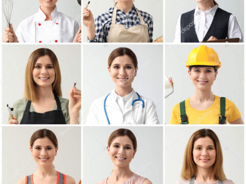 Collage with woman in uniforms of different professions